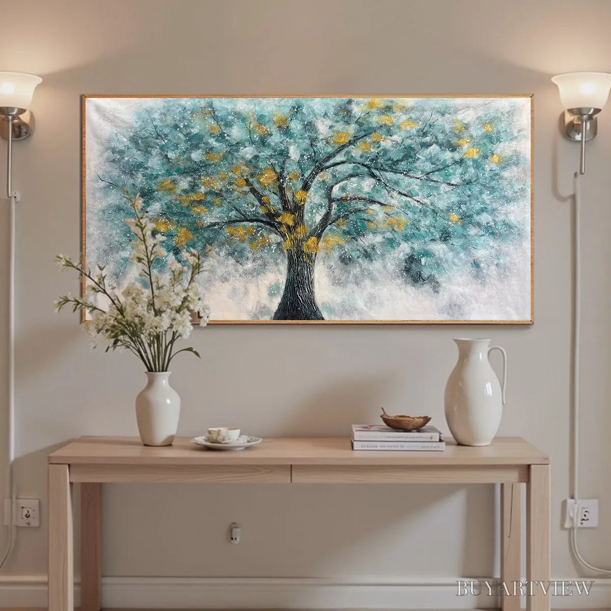 ARTOVITAS Golden Autumn – Panoramic Tree Painting, Textured , Blue, Gold, Living Room, Bedroom, Office - image 5