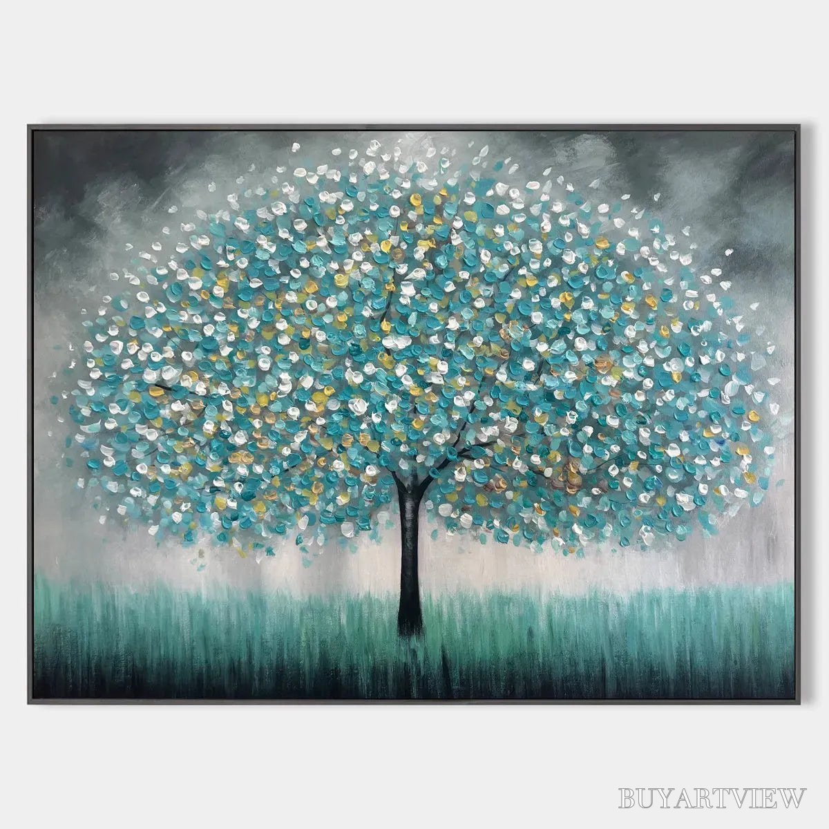 ARTOVITAS Teal Dream – Textured Tree Painting in Teal and Grey, Horizontal Canvas, Modern - image 1