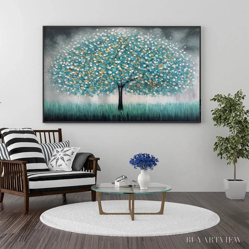 ARTOVITAS Teal Dream – Textured Tree Painting in Teal and Grey, Horizontal Canvas, Modern - image 2
