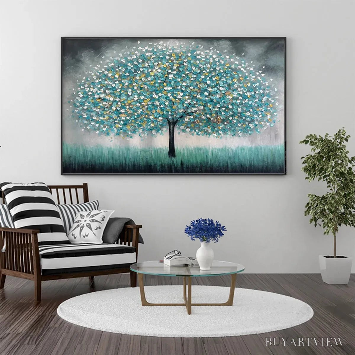ARTOVITAS Teal Dream – Textured Tree Painting in Teal and Grey, Horizontal Canvas, Modern - image 2