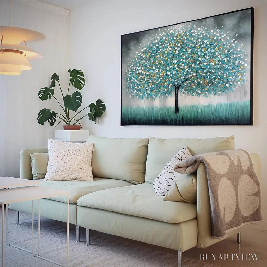 ARTOVITAS Teal Dream – Textured Tree Painting in Teal and Grey, Horizontal Canvas, Modern - image 4