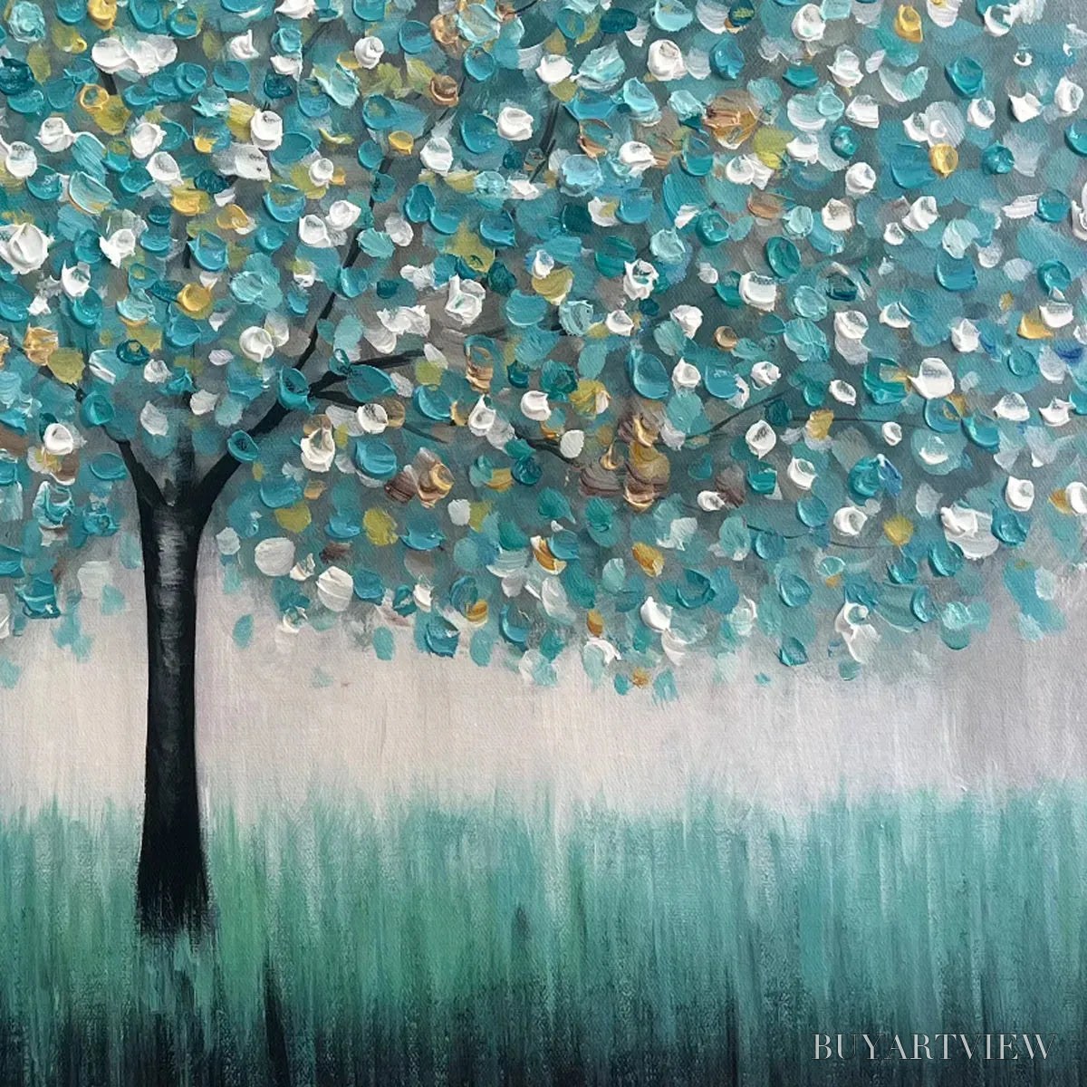 ARTOVITAS Teal Dream – Textured Tree Painting in Teal and Grey, Horizontal Canvas, Modern - image 5