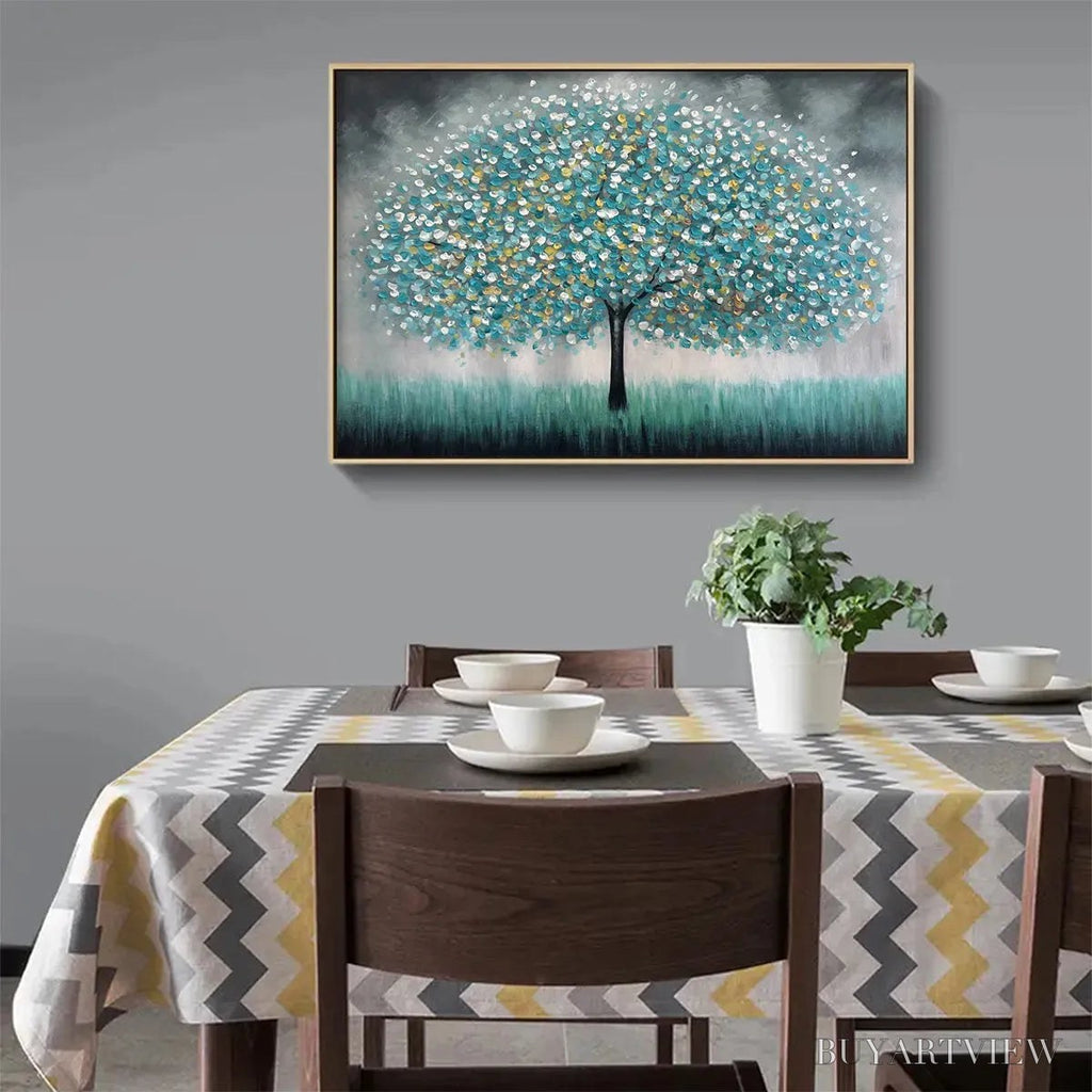 ARTOVITAS Teal Dream – Textured Tree Painting in Teal and Grey, Horizontal Canvas, Modern - image 6