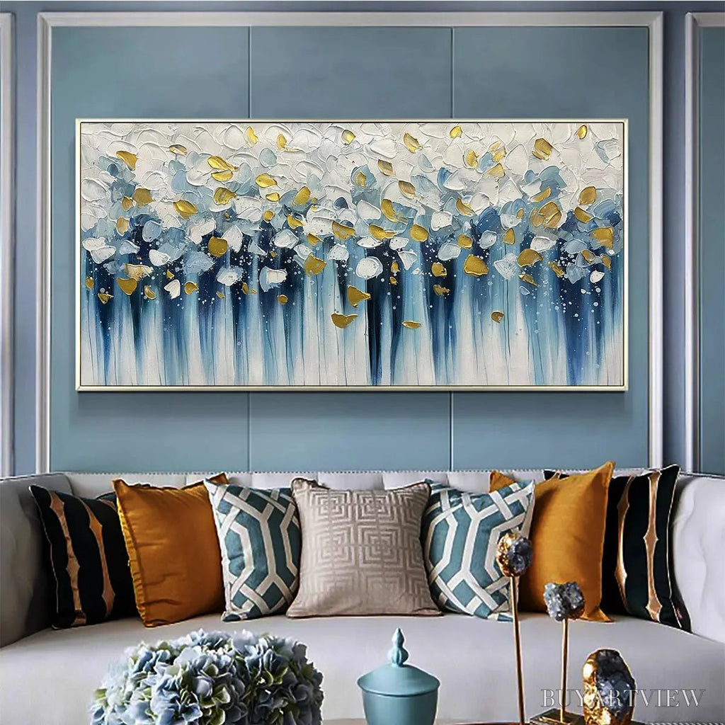 ARTOVITAS Golden Falls – Abstract Painting in Blue and Gold, Textured Canvas, Modern - image 2