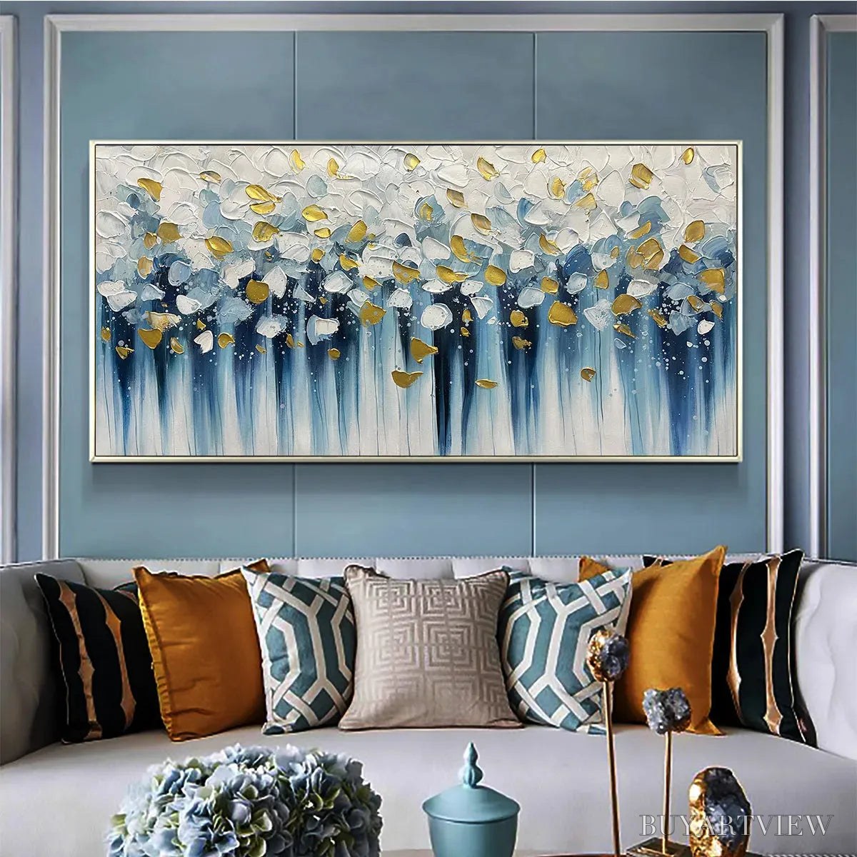 ARTOVITAS Golden Falls – Abstract Painting in Blue and Gold, Textured Canvas, Modern - image 2