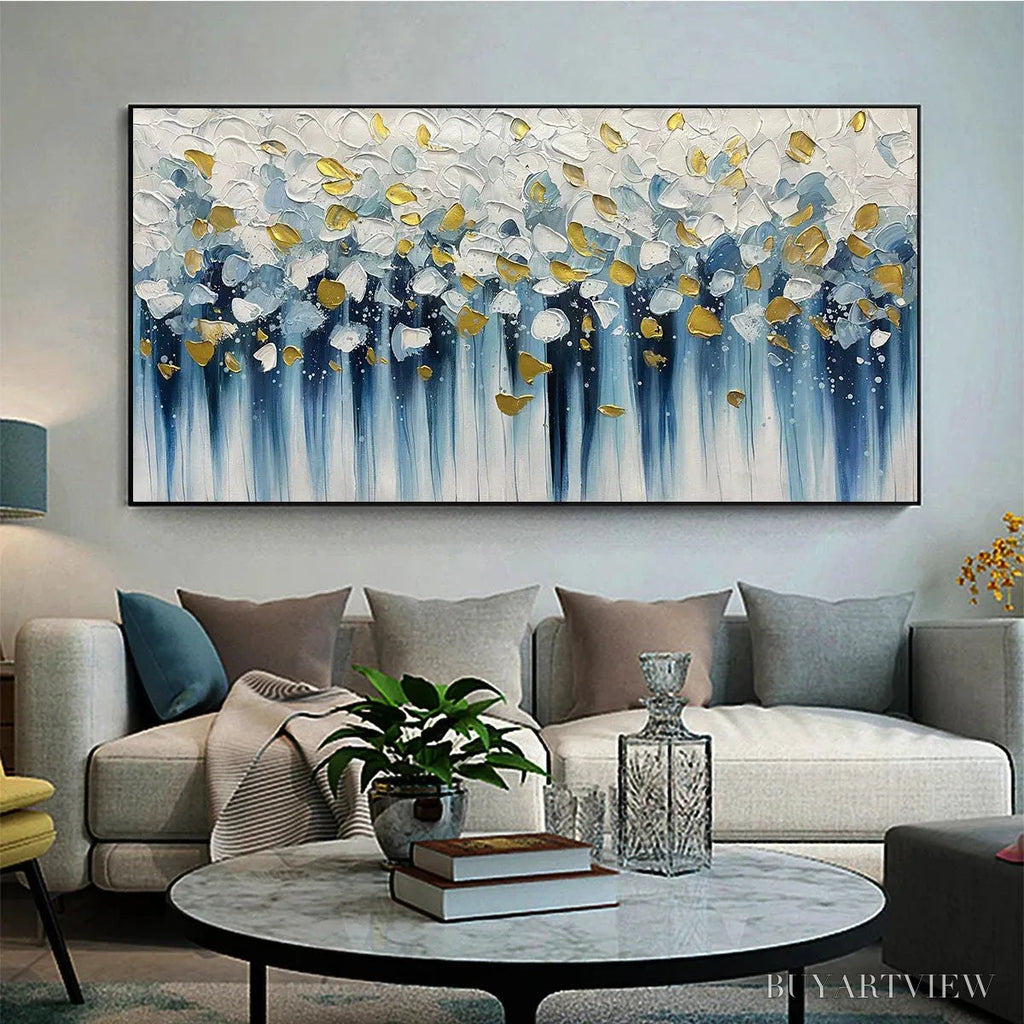 ARTOVITAS Golden Falls – Abstract Painting in Blue and Gold, Textured Canvas, Modern - image 4