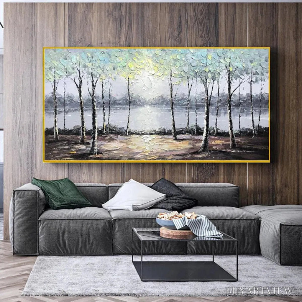ARTOVITAS Serene Waters – Panoramic Landscape Painting, Textured Trees and Lake - image 2