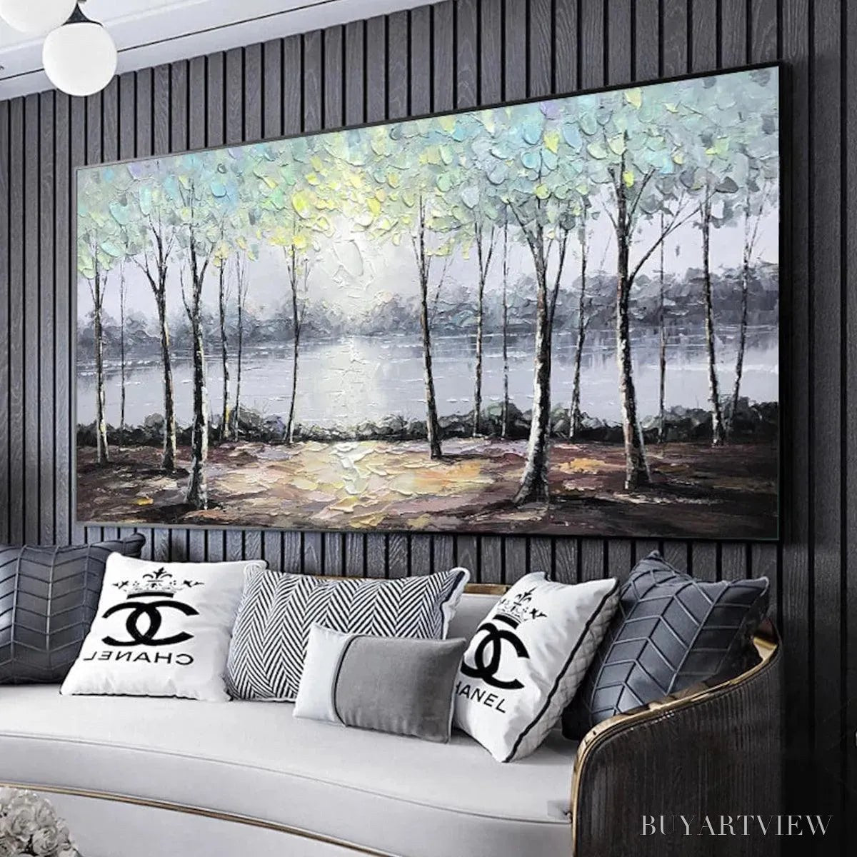 ARTOVITAS Serene Waters – Panoramic Landscape Painting, Textured Trees and Lake - image 5