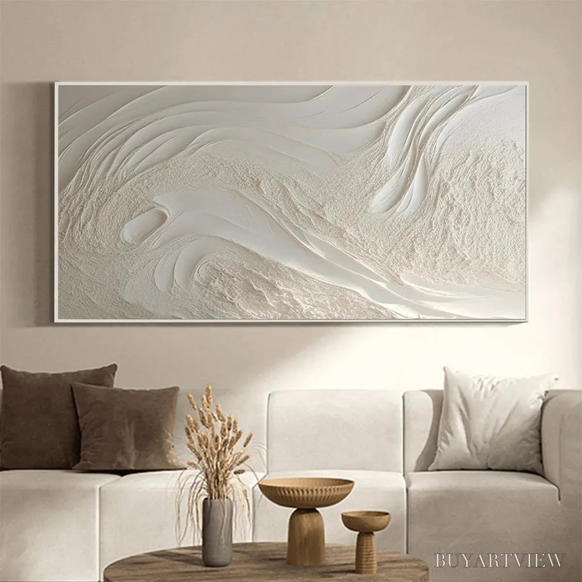 ARTOVITAS White Sands – Textured Abstract Painting in Off-White, Panoramic Canvas, Minimalist - image 2