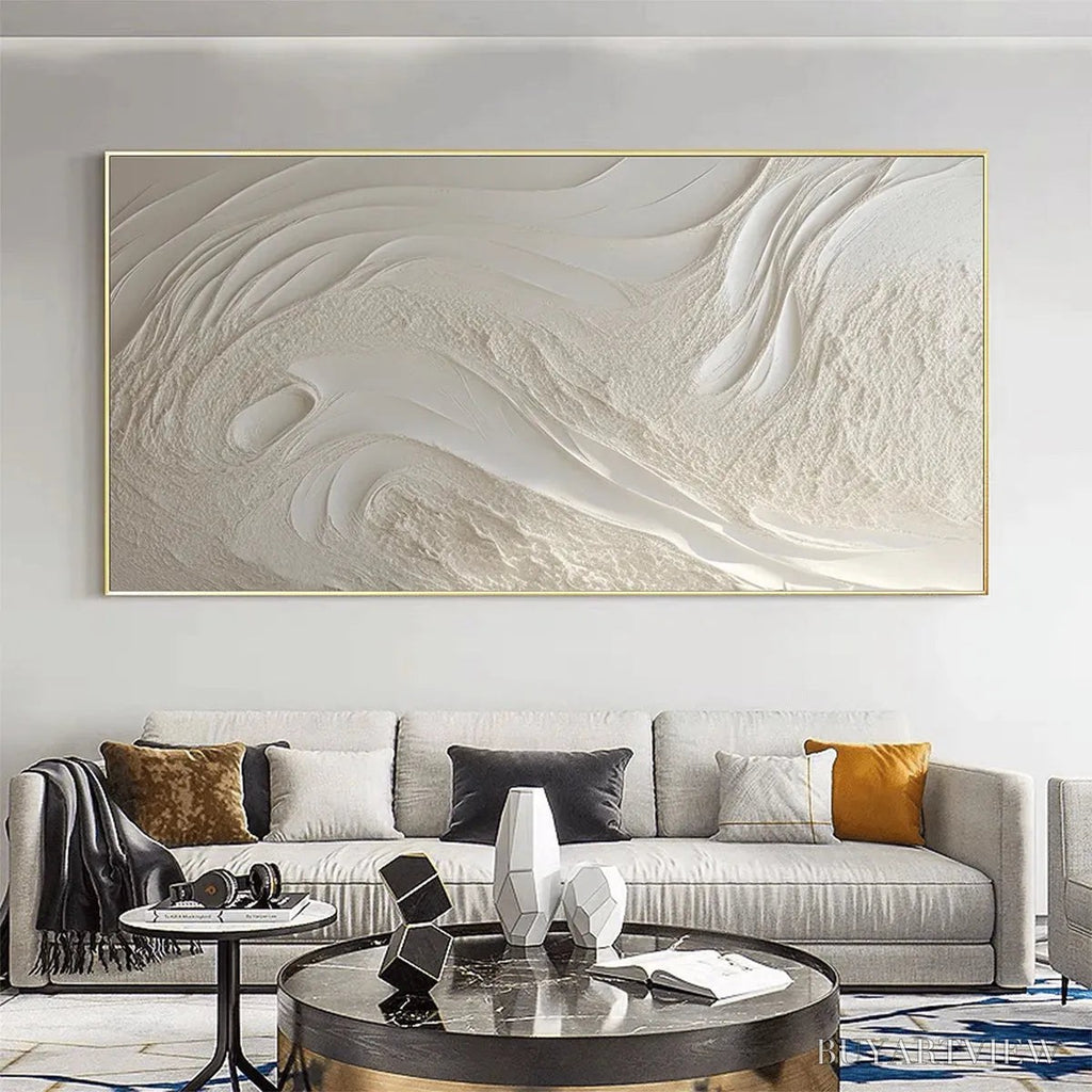 ARTOVITAS White Sands – Textured Abstract Painting in Off-White, Panoramic Canvas, Minimalist - image 4