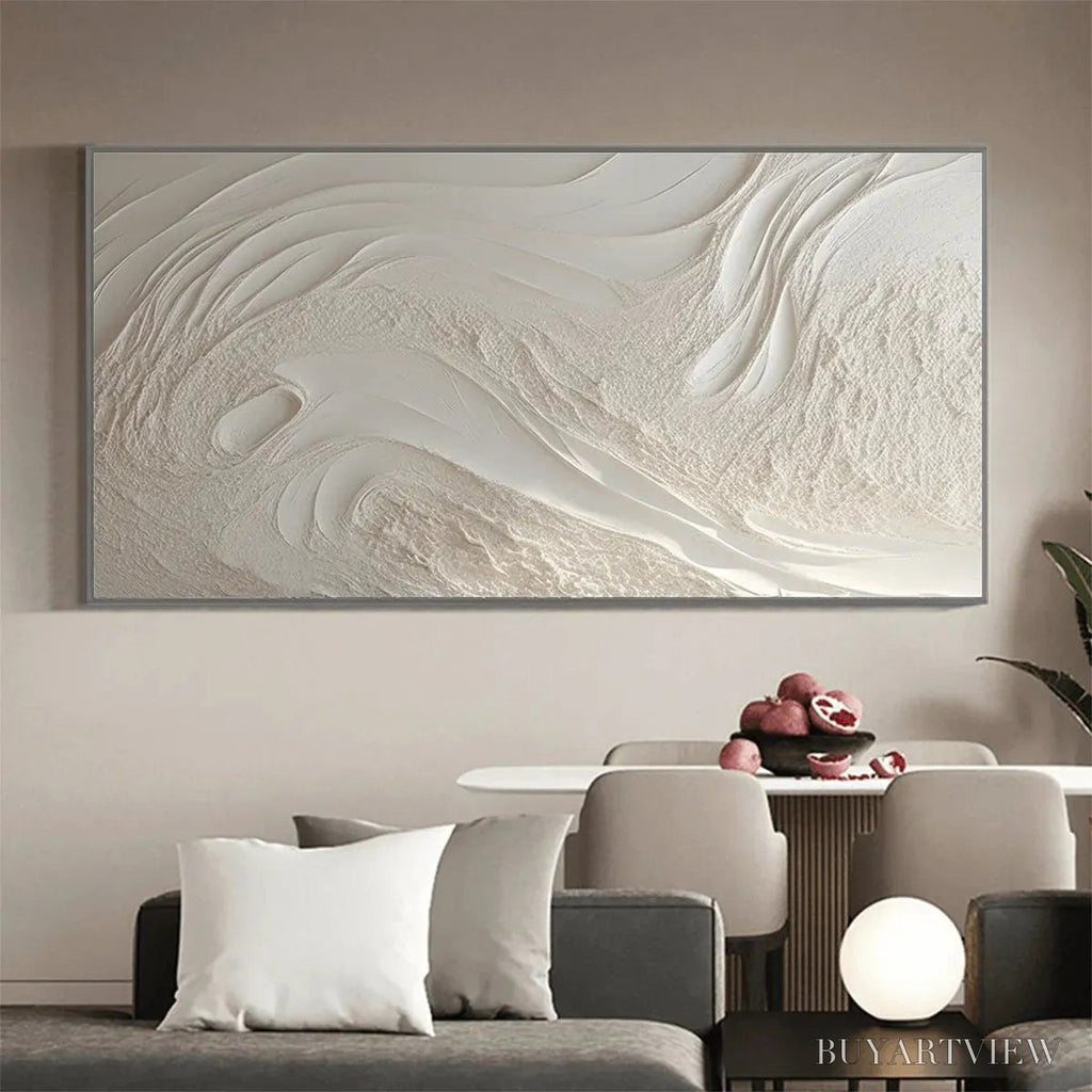 ARTOVITAS White Sands – Textured Abstract Painting in Off-White, Panoramic Canvas, Minimalist - image 5