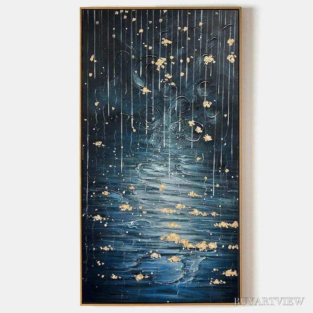 ARTOVITAS Golden Falls – Abstract Waterfall Painting, Blue and Gold, Vertical Canvas, Modern - image 1