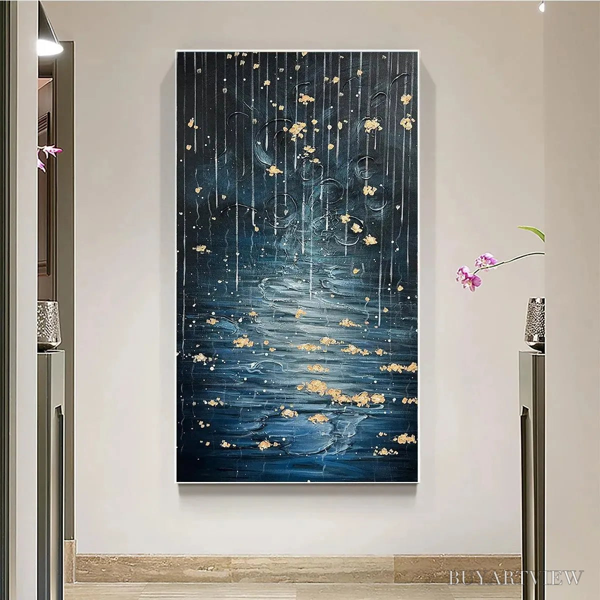 ARTOVITAS Golden Falls – Abstract Waterfall Painting, Blue and Gold, Vertical Canvas, Modern - image 2