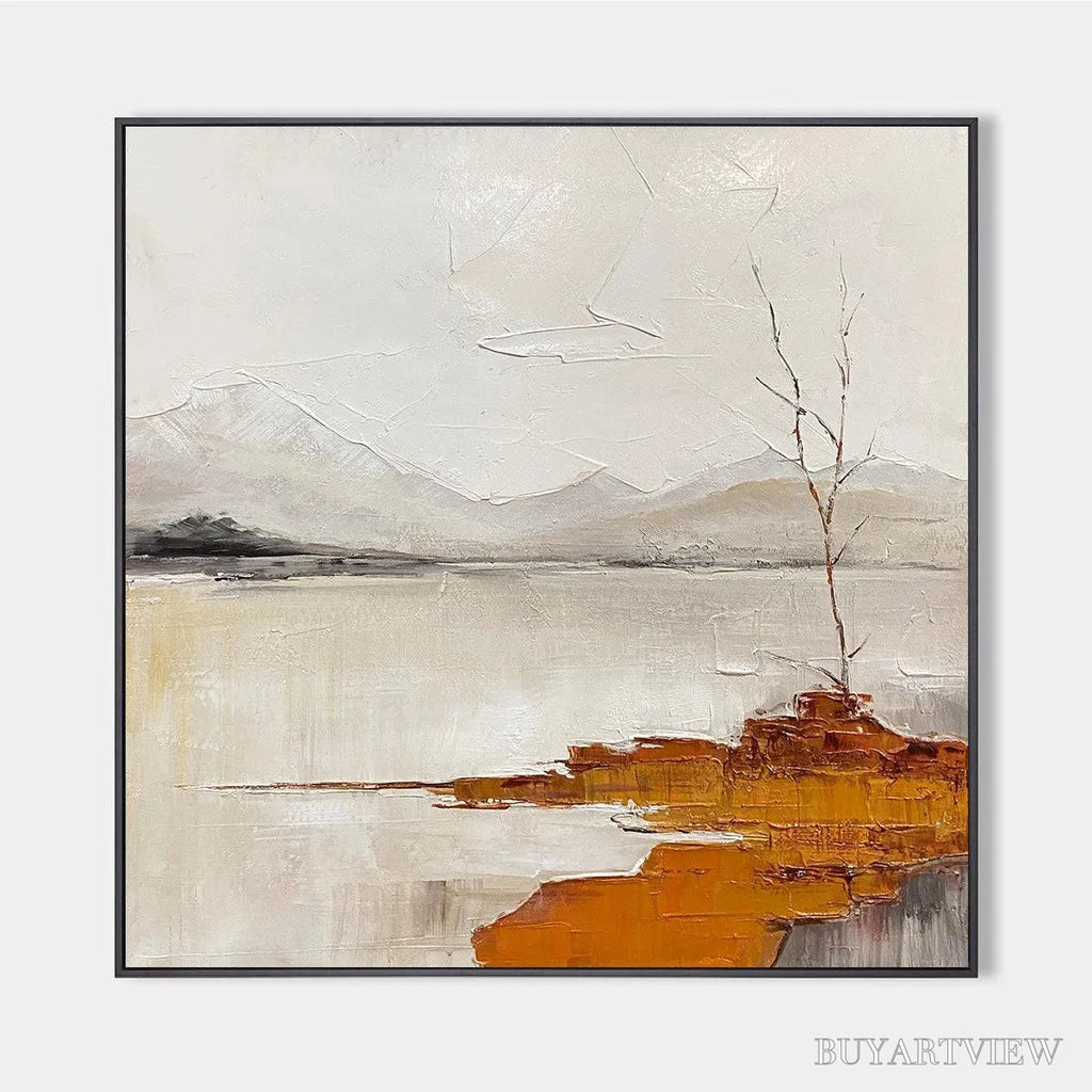 ARTOVITAS Serene Waters – Minimalist Landscape Painting in White, Grey, and Orange, Square Canvas - image 1