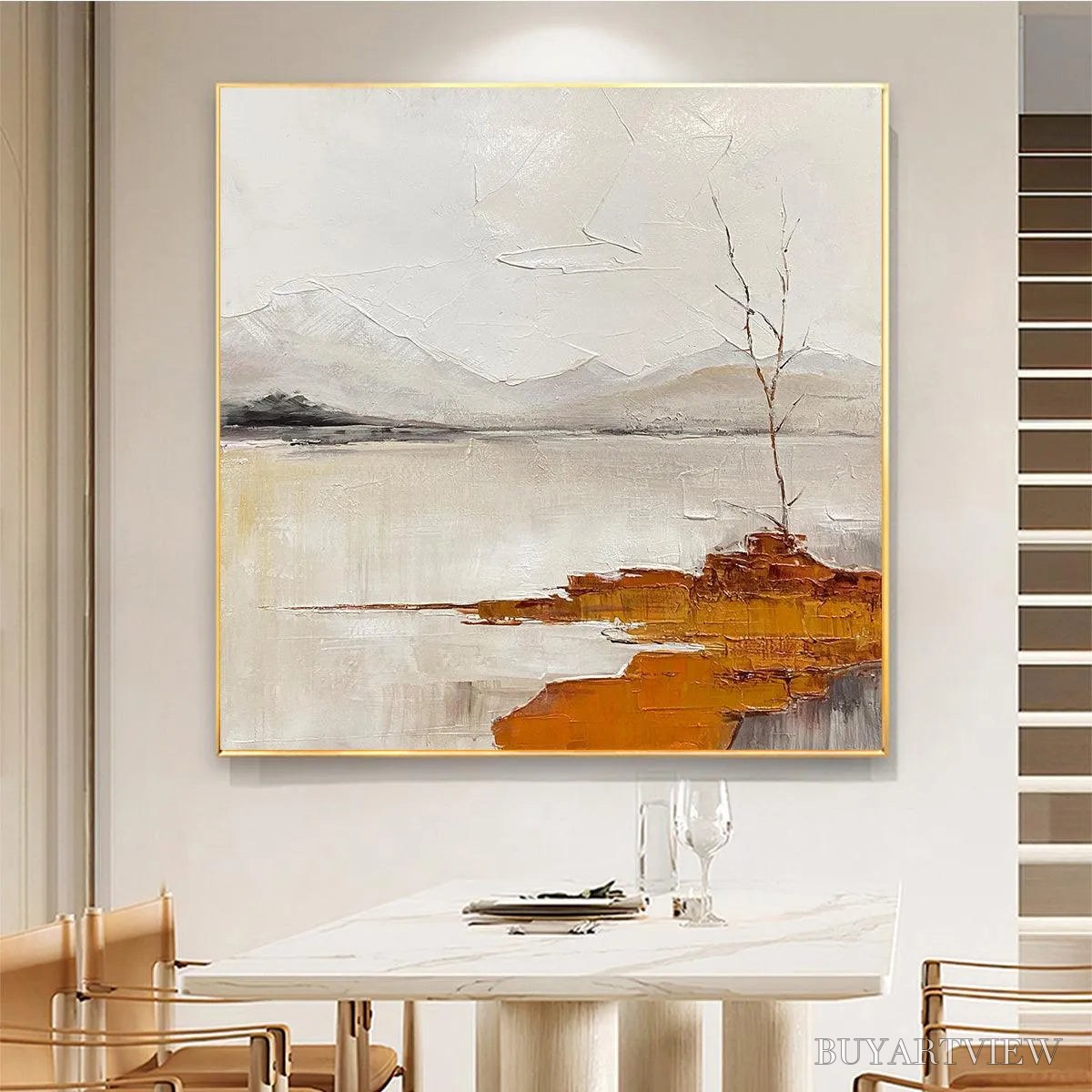 ARTOVITAS Serene Waters – Minimalist Landscape Painting in White, Grey, and Orange, Square Canvas - image 2