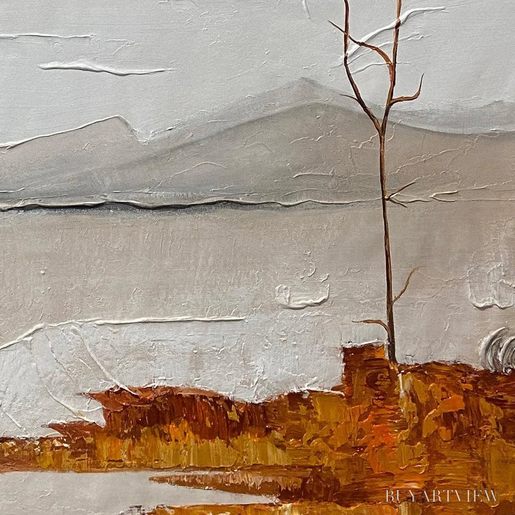 ARTOVITAS Serene Waters – Minimalist Landscape Painting in White, Grey, and Orange, Square Canvas - image 3