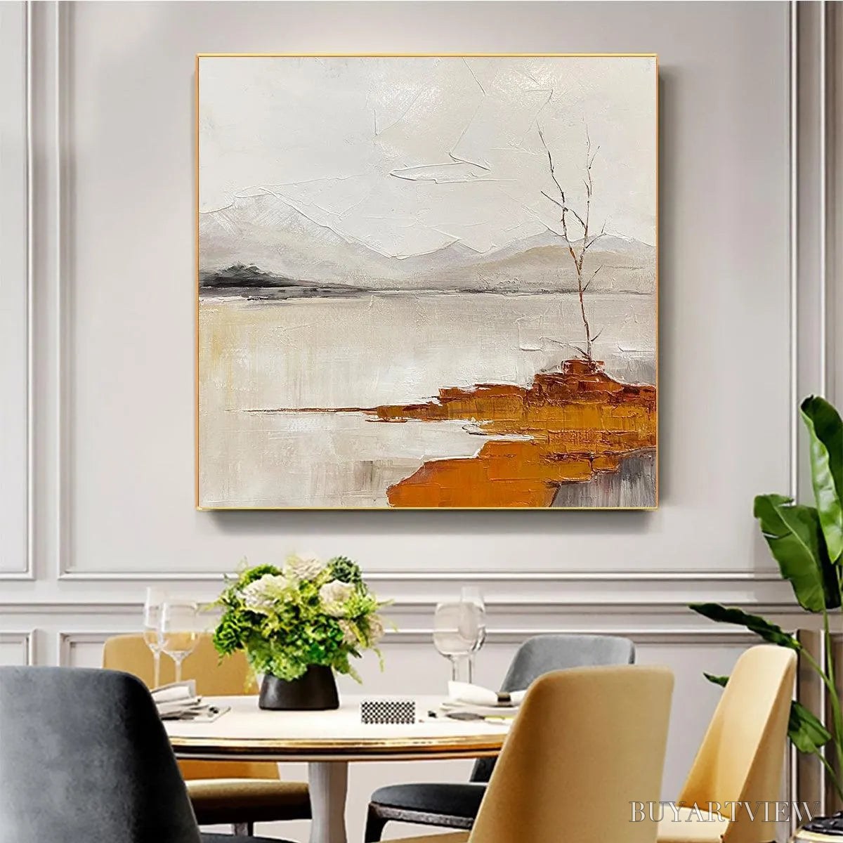 ARTOVITAS Serene Waters – Minimalist Landscape Painting in White, Grey, and Orange, Square Canvas - image 4