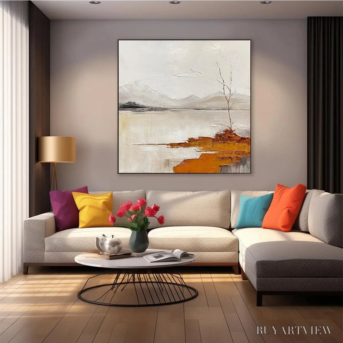 ARTOVITAS Serene Waters – Minimalist Landscape Painting in White, Grey, and Orange, Square Canvas - image 5