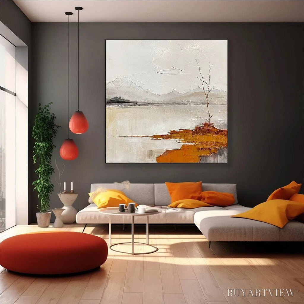 ARTOVITAS Serene Waters – Minimalist Landscape Painting in White, Grey, and Orange, Square Canvas - image 6
