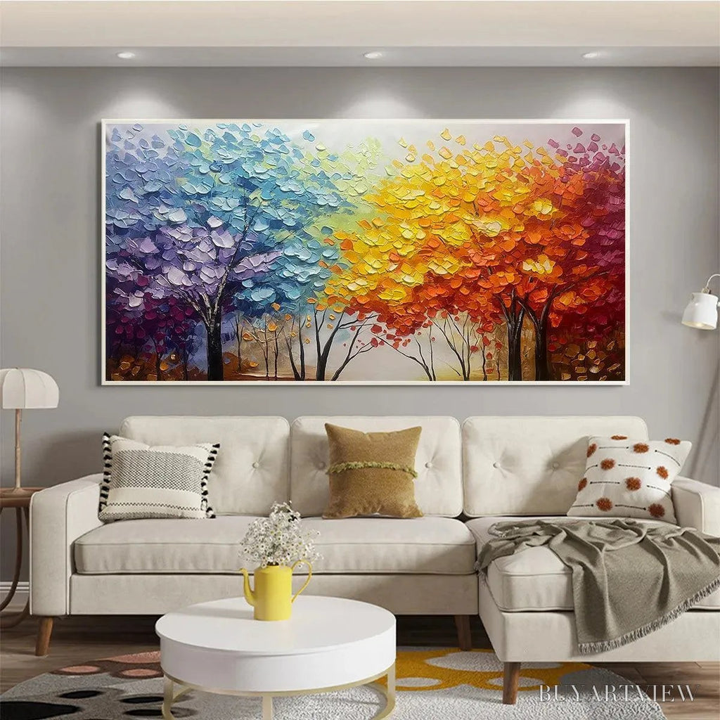 ARTOVITAS Autumn Rainbow – Panoramic Tree Painting in Vibrant Colors, Textured Canvas, Modern - image 2