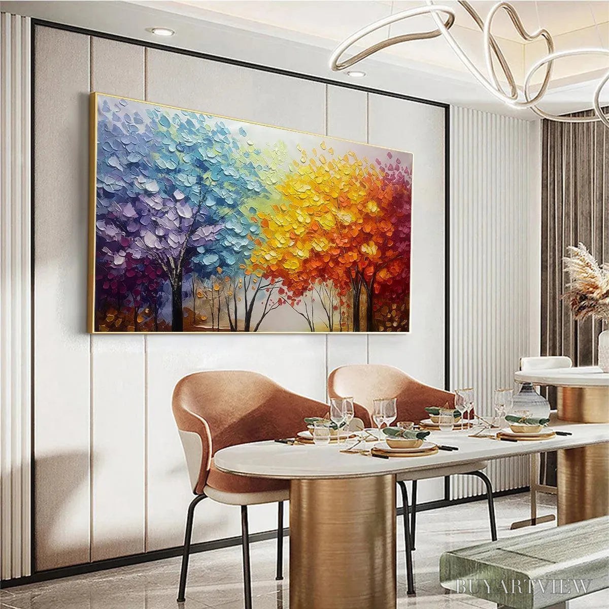 ARTOVITAS Autumn Rainbow – Panoramic Tree Painting in Vibrant Colors, Textured Canvas, Modern - image 4