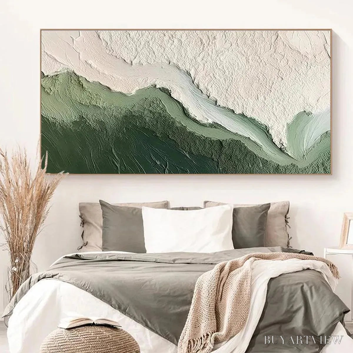 ARTOVITAS Emerald Flow – Textured Abstract Landscape Painting, Green and White , Panoramic Canvas, Nature-Inspired Decor - image 2