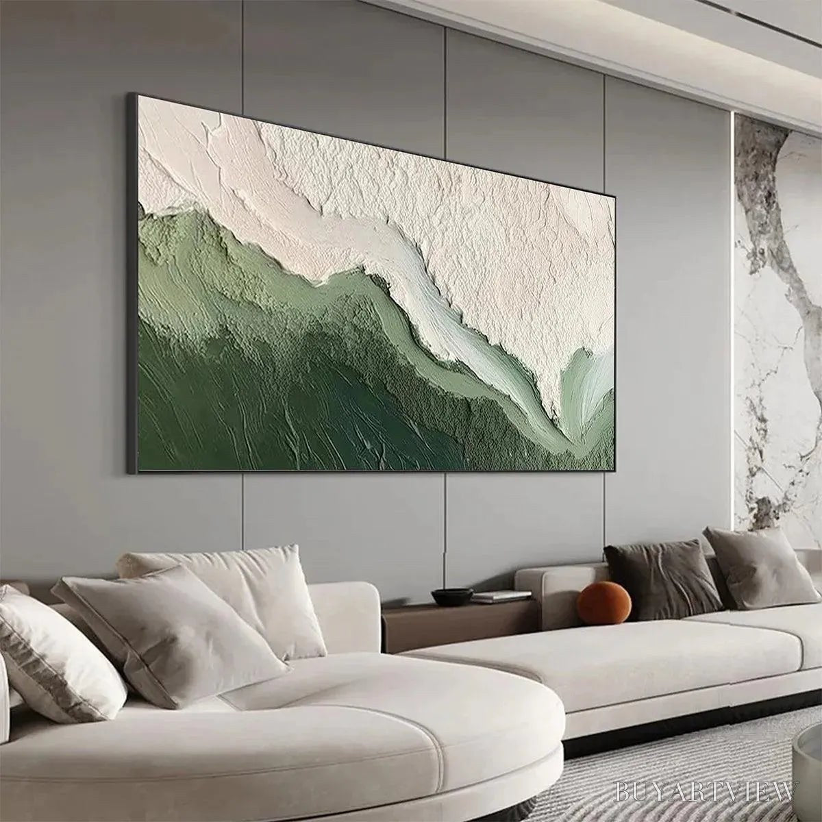 ARTOVITAS Emerald Flow – Textured Abstract Landscape Painting, Green and White , Panoramic Canvas, Nature-Inspired Decor - image 4