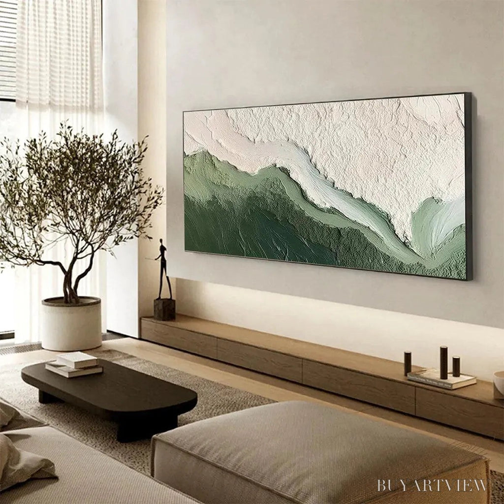 ARTOVITAS Emerald Flow – Textured Abstract Landscape Painting, Green and White , Panoramic Canvas, Nature-Inspired Decor - image 5
