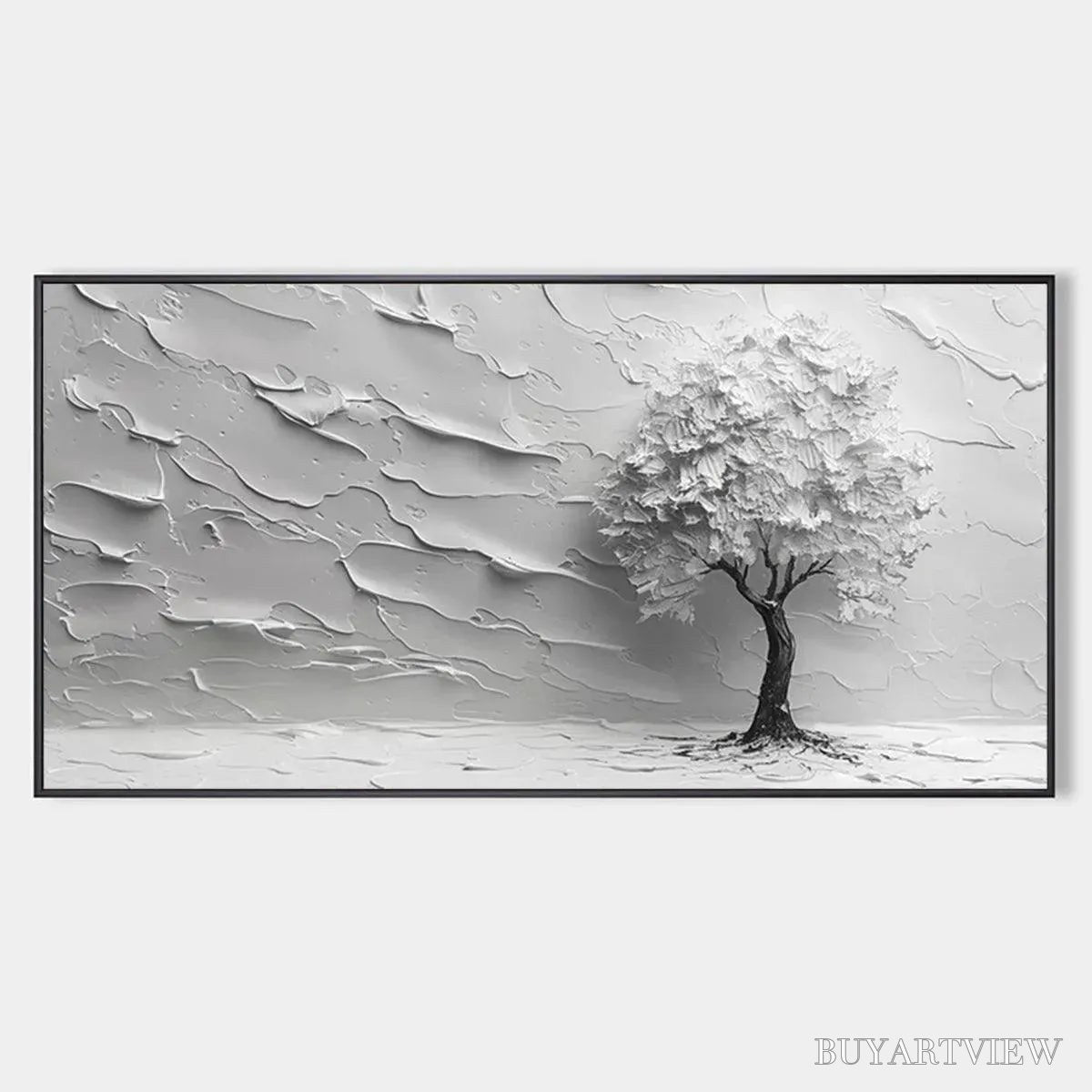 ARTOVITAS Serene Tree – Textured 3D Tree Painting, White Impasto , Panoramic Canvas, Minimalist Decor - image 1