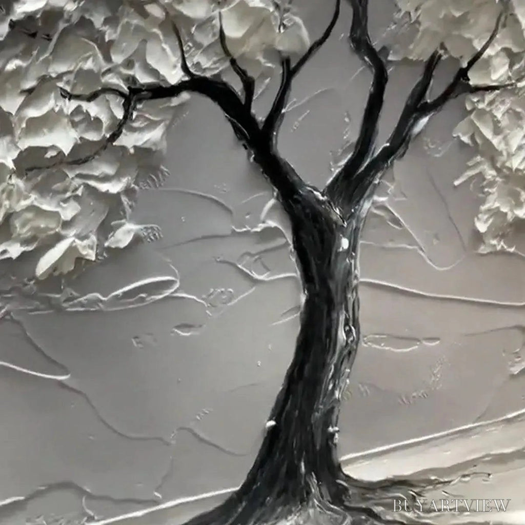 ARTOVITAS Serene Tree – Textured 3D Tree Painting, White Impasto , Panoramic Canvas, Minimalist Decor - image 2
