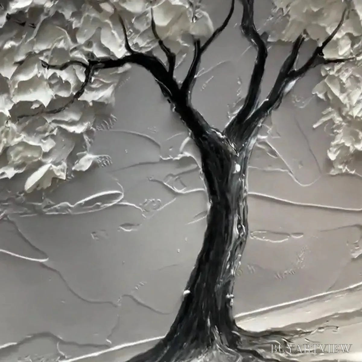ARTOVITAS Serene Tree – Textured 3D Tree Painting, White Impasto , Panoramic Canvas, Minimalist Decor - image 2