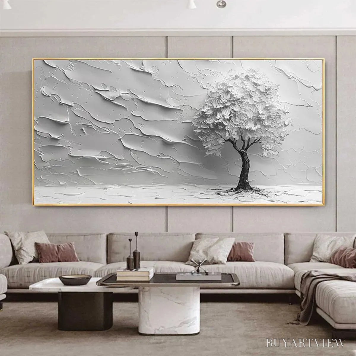 ARTOVITAS Serene Tree – Textured 3D Tree Painting, White Impasto , Panoramic Canvas, Minimalist Decor - image 3