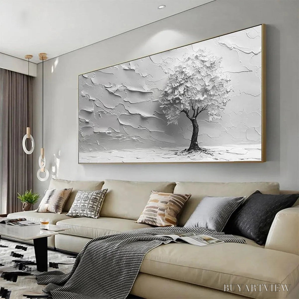 ARTOVITAS Serene Tree – Textured 3D Tree Painting, White Impasto , Panoramic Canvas, Minimalist Decor - image 4