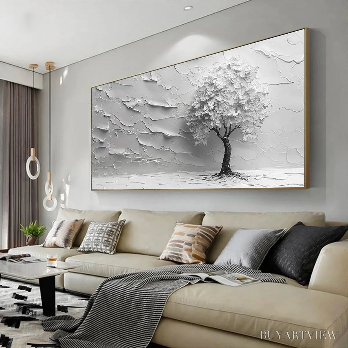 ARTOVITAS Serene Tree – Textured 3D Tree Painting, White Impasto , Panoramic Canvas, Minimalist Decor - image 4