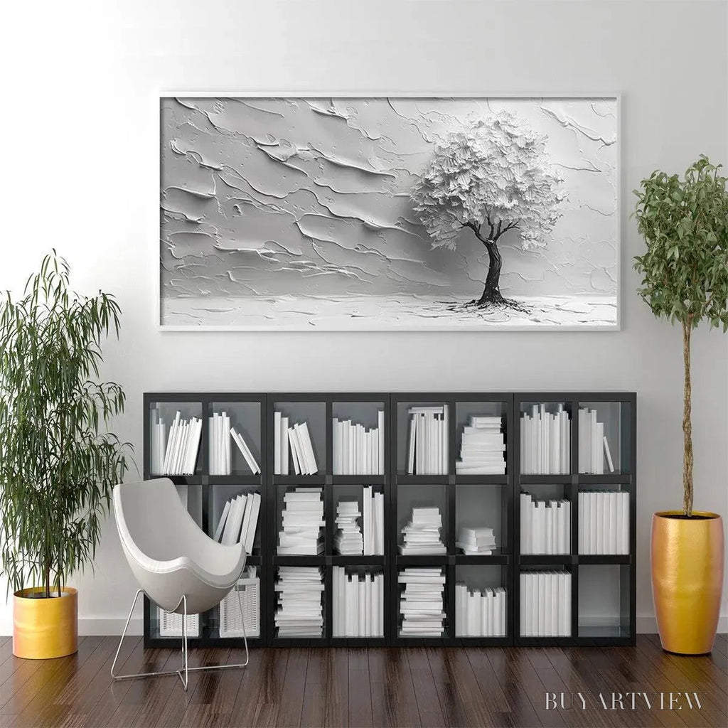 ARTOVITAS Serene Tree – Textured 3D Tree Painting, White Impasto , Panoramic Canvas, Minimalist Decor - image 5