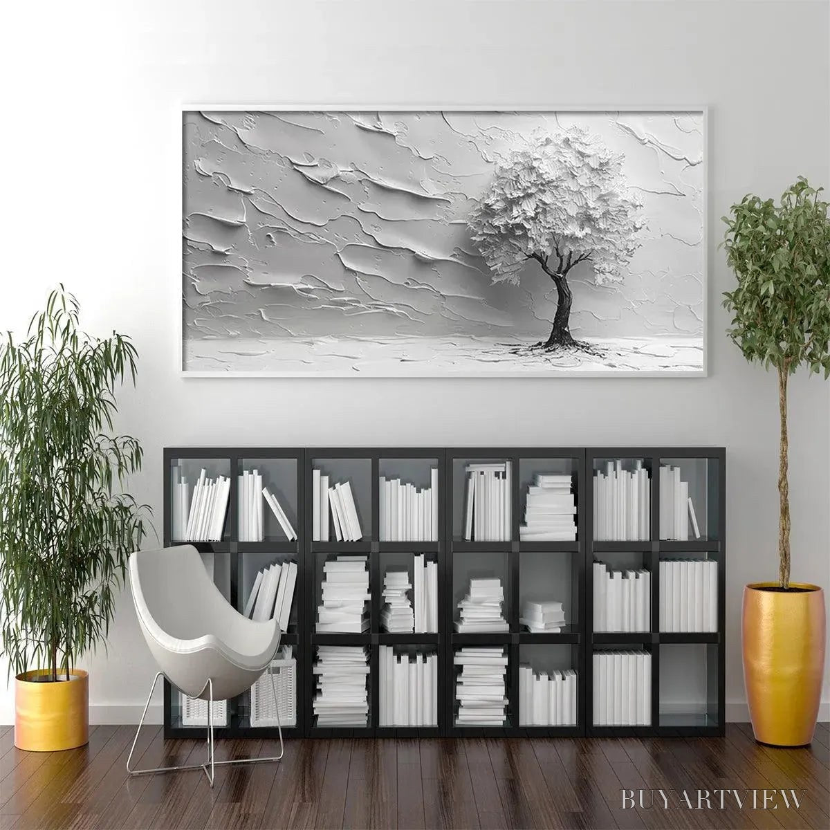 ARTOVITAS Serene Tree – Textured 3D Tree Painting, White Impasto , Panoramic Canvas, Minimalist Decor - image 5