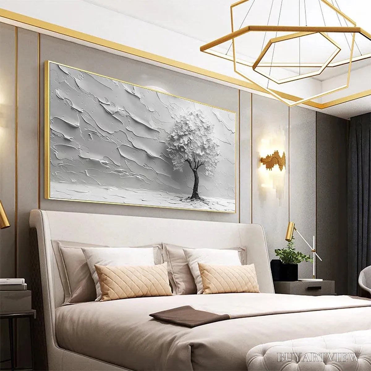 ARTOVITAS Serene Tree – Textured 3D Tree Painting, White Impasto , Panoramic Canvas, Minimalist Decor - image 6