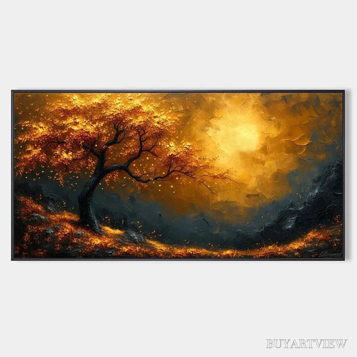 ARTOVITAS Golden Hour – Textured Tree Painting, Impasto , Panoramic Canvas, Landscape Decor - image 1