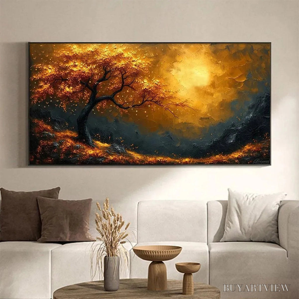 ARTOVITAS Golden Hour – Textured Tree Painting, Impasto , Panoramic Canvas, Landscape Decor - image 2