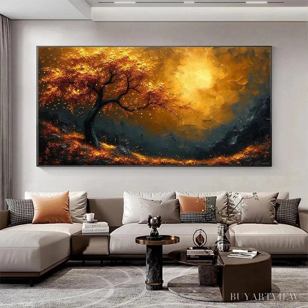 ARTOVITAS Golden Hour – Textured Tree Painting, Impasto , Panoramic Canvas, Landscape Decor - image 4