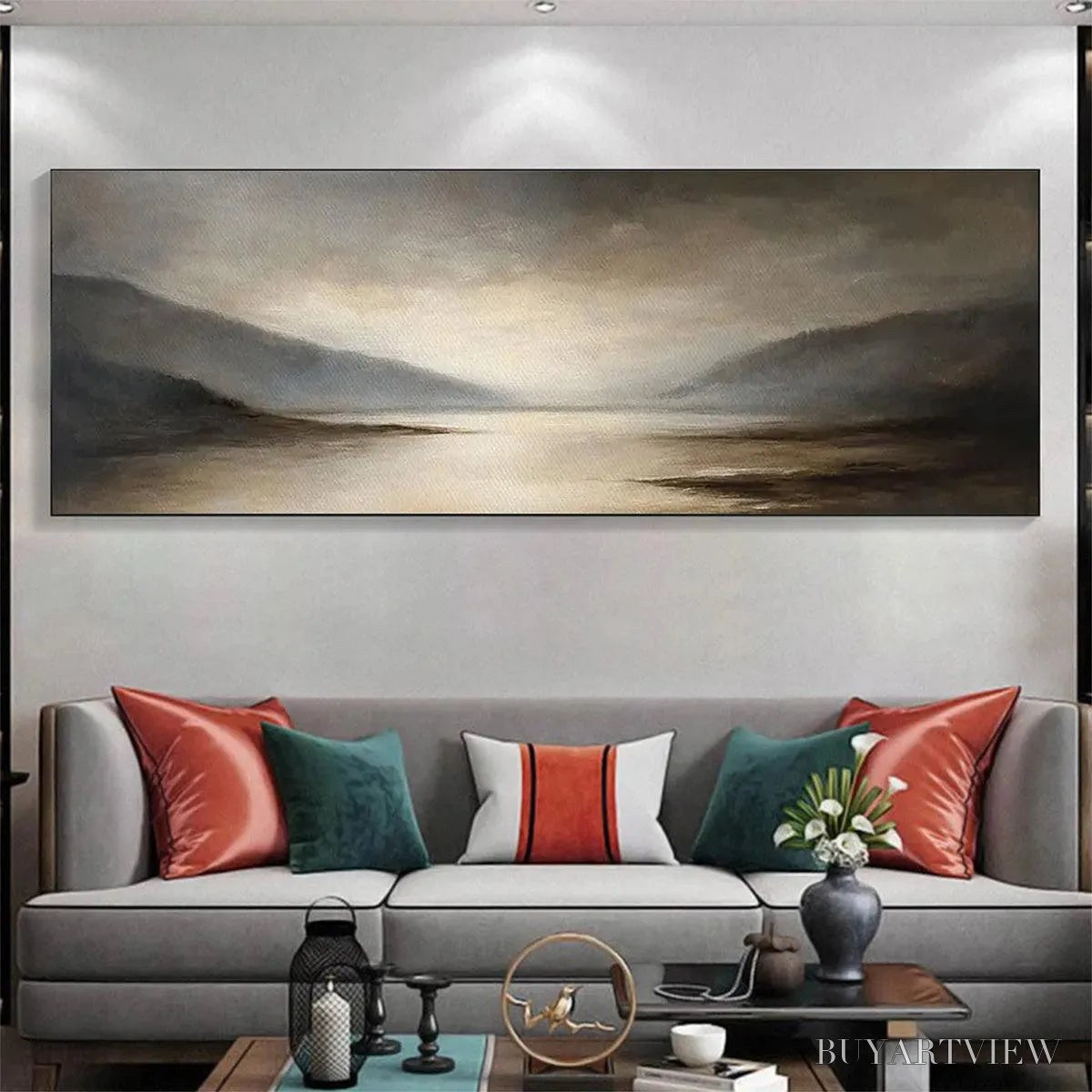 ARTOVITAS Misty Morning Serenity – Landscape Painting, Panoramic , Neutral Decor - image 2