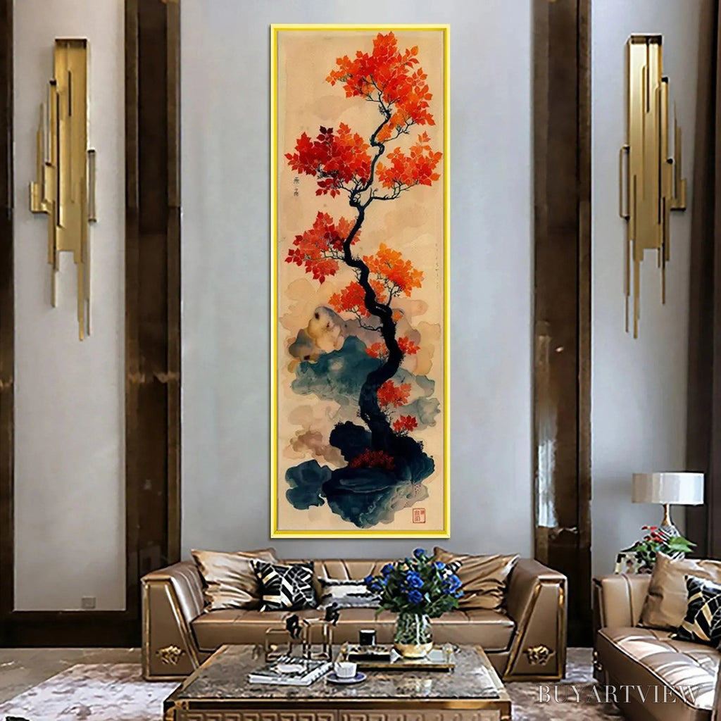 ARTOVITAS Crimson Autumn Bonsai – Tree Painting, Vertical , Asian Decor - image 2