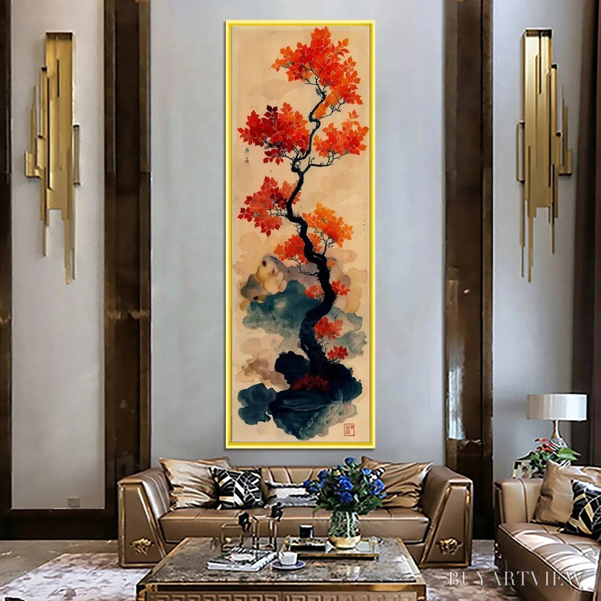 ARTOVITAS Crimson Autumn Bonsai – Tree Painting, Vertical , Asian Decor - image 2