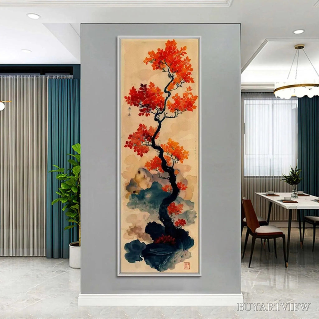 ARTOVITAS Crimson Autumn Bonsai – Tree Painting, Vertical , Asian Decor - image 4