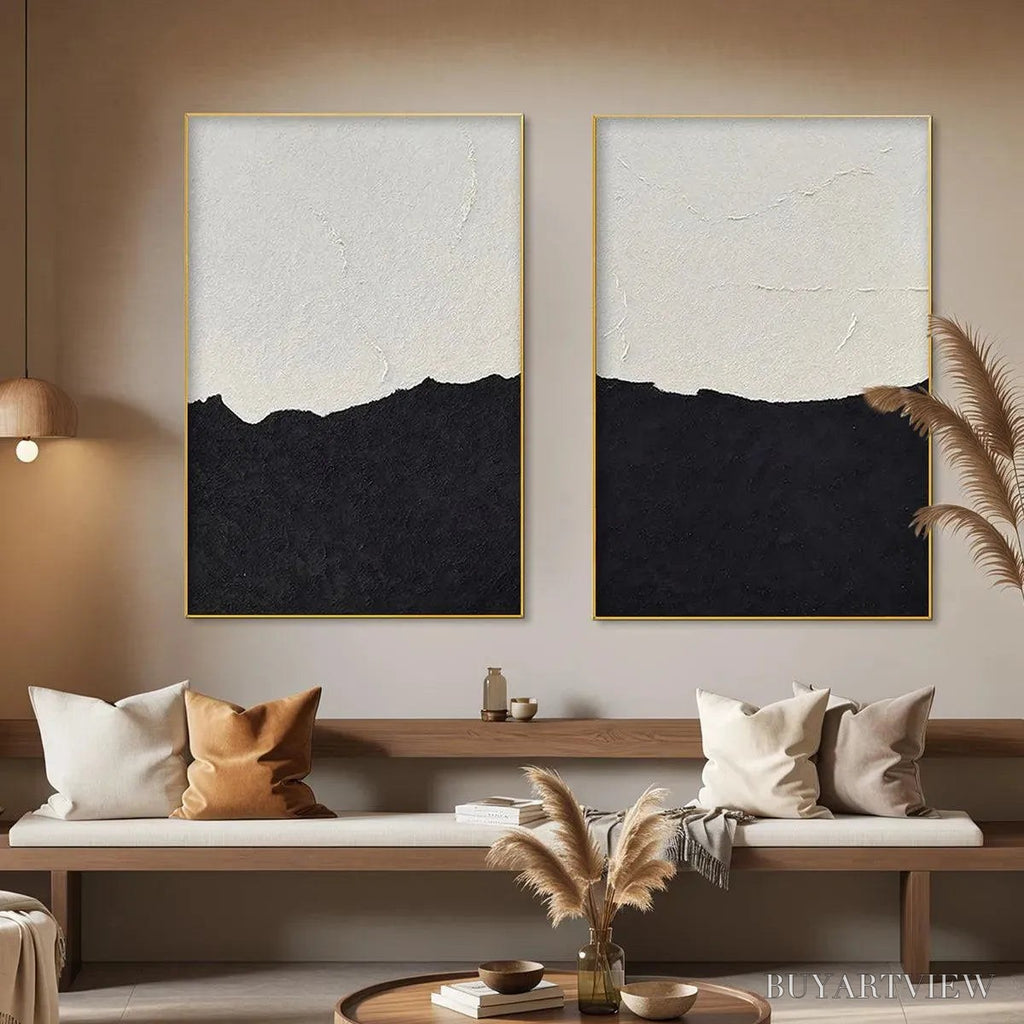 ARTOVITAS Black & White Abstract Landscape Diptych – Textured Abstract Painting Set of 2, Vertical - image 2