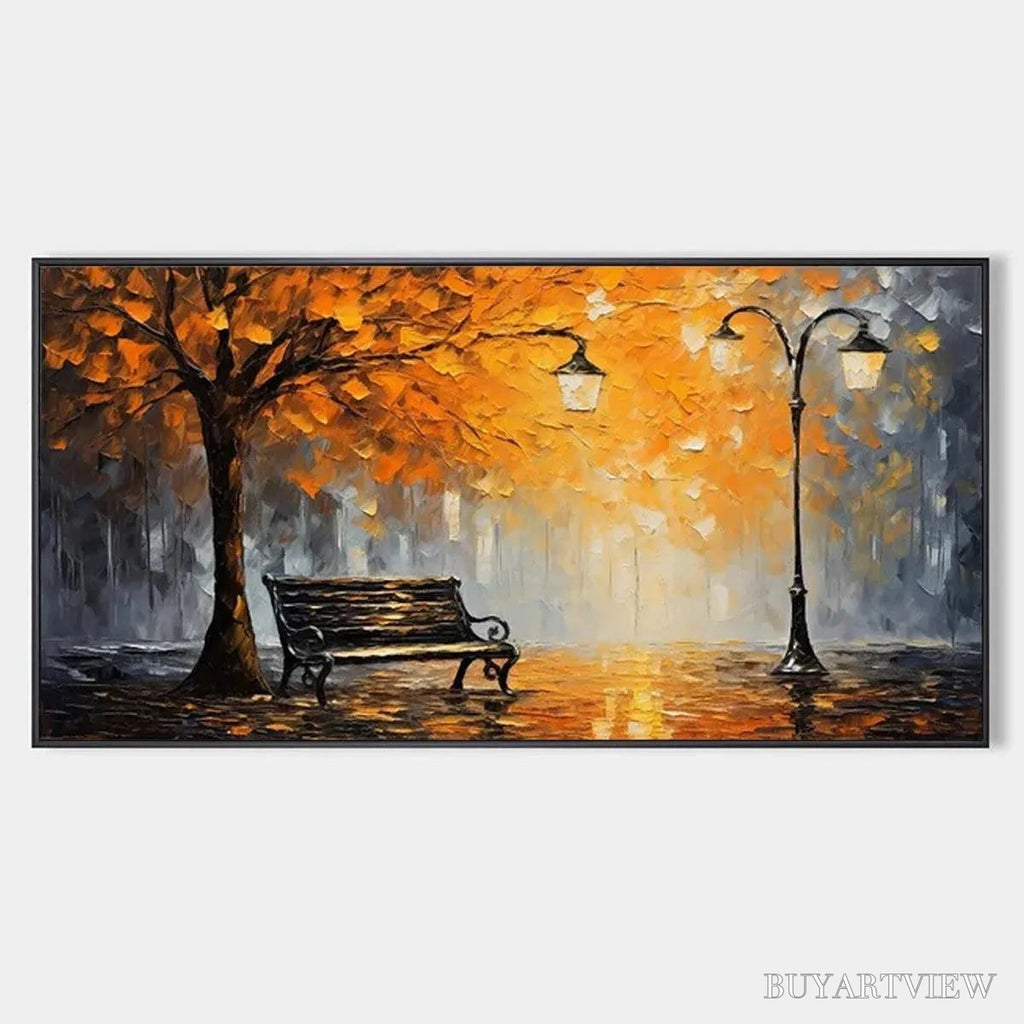 ARTOVITAS Autumn Park Bench – Impressionistic Park Painting in Orange and Grey - image 1