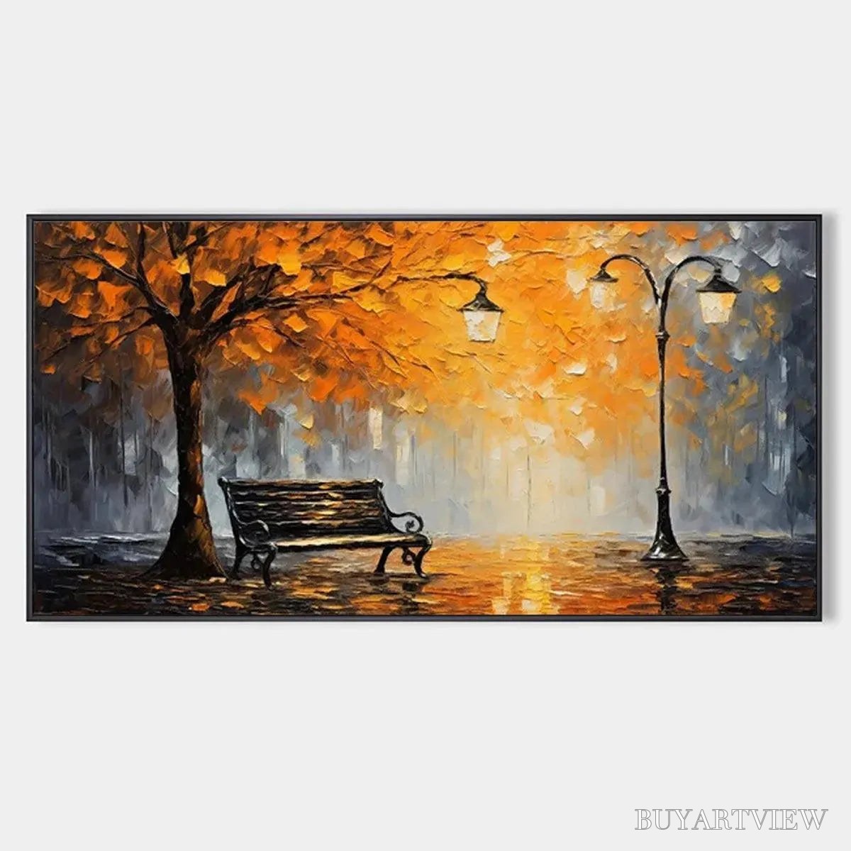 ARTOVITAS Autumn Park Bench – Impressionistic Park Painting in Orange and Grey - image 1