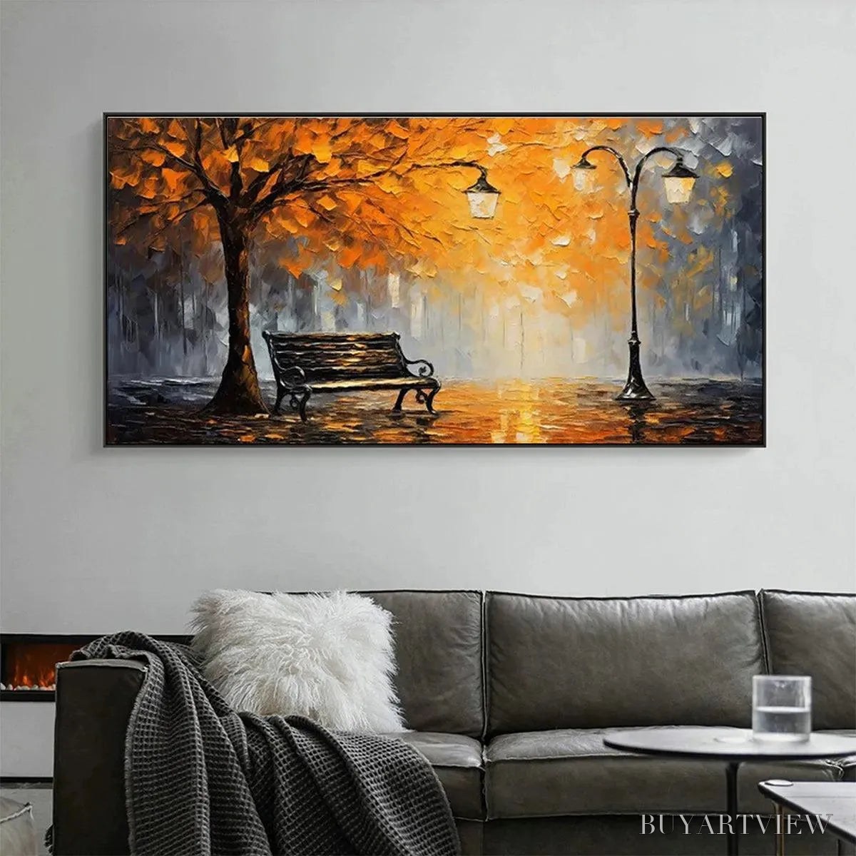 ARTOVITAS Autumn Park Bench – Impressionistic Park Painting in Orange and Grey - image 2