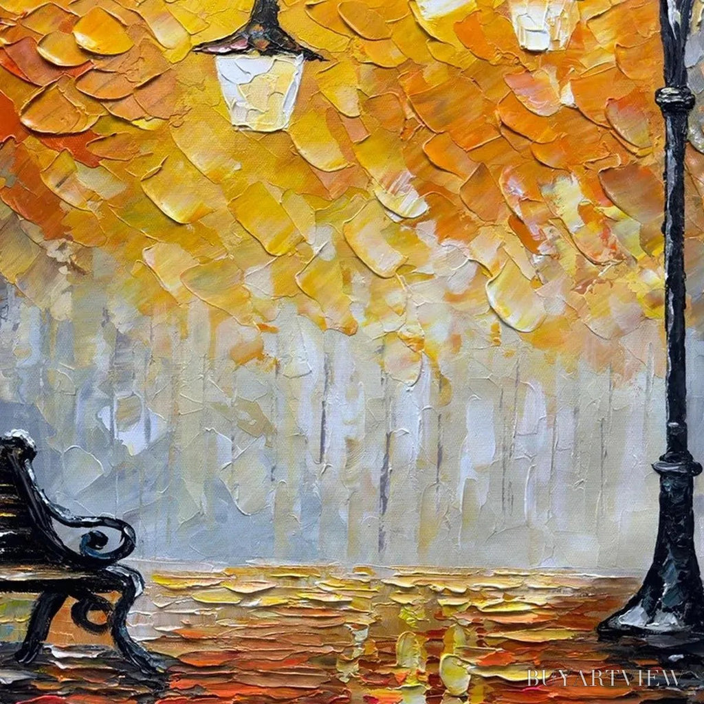 ARTOVITAS Autumn Park Bench – Impressionistic Park Painting in Orange and Grey - image 3