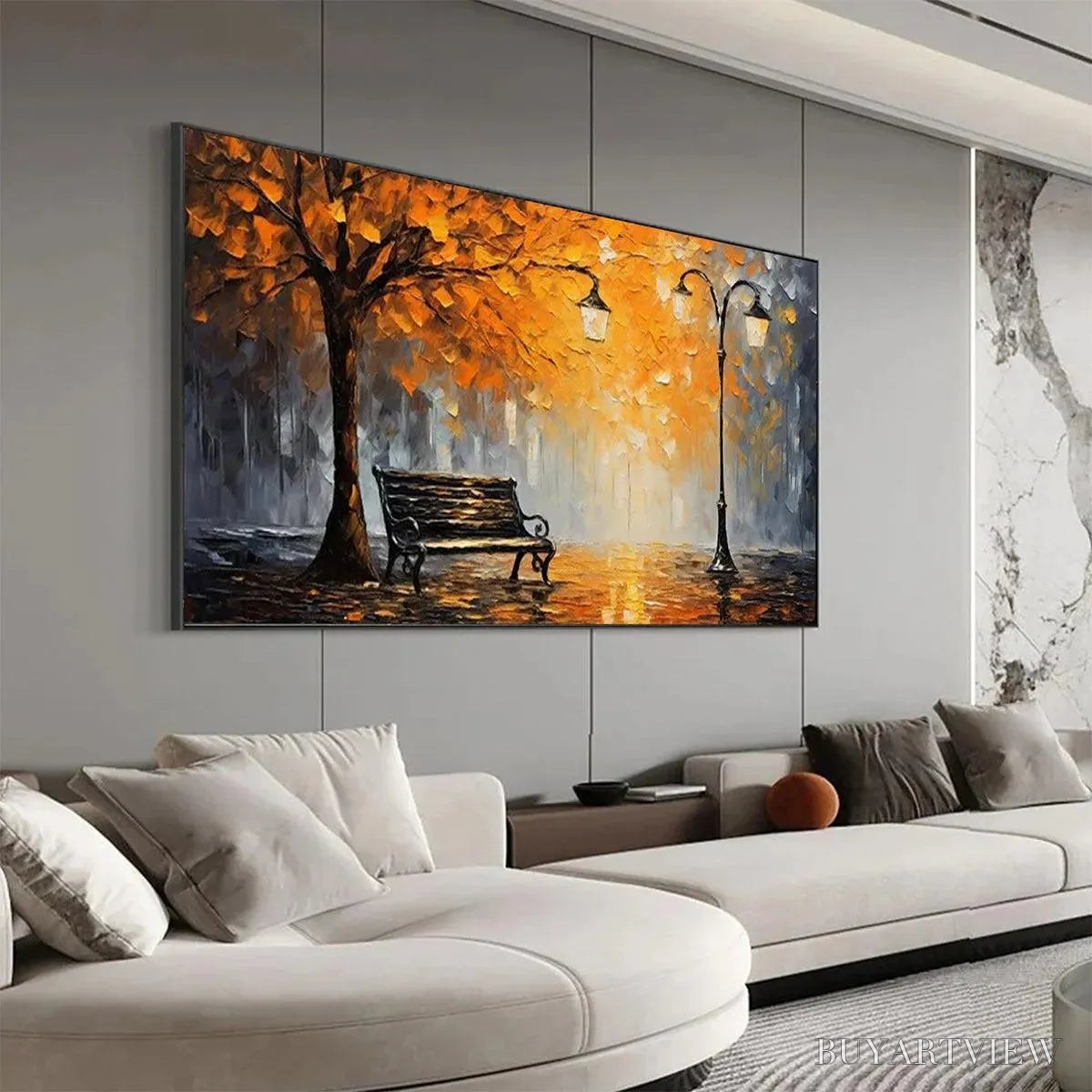 ARTOVITAS Autumn Park Bench – Impressionistic Park Painting in Orange and Grey - image 4